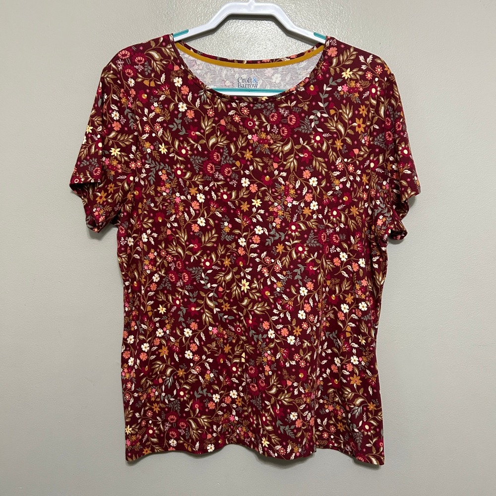 Croft & Barrow Classic Tee Women XXL Burgundy Floral Cotton Cottagecore Boho Top
